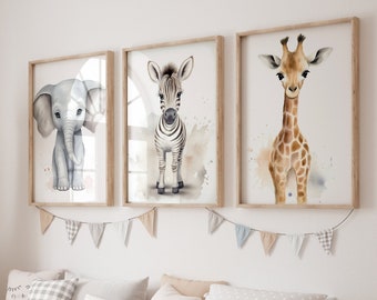 Safari Animal Watercolor Nursery Prints, Set of 3 (Digital Download)