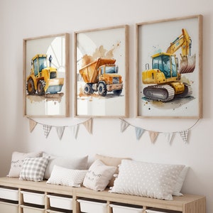 Kids Construction Truck Prints Set 3, Construction Print, Truck Playroom Theme, Kids Art, Boy Room Decor, Playroom Decor, Vehicle Posters,