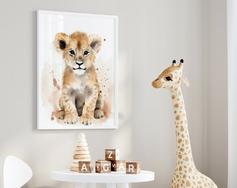 Lion Cub Watercolour Print, Safari Nursery Art (Digital Download)