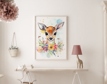 Baby Deer Watercolor Print, Floral Nursery Art
