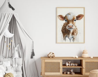 Lámina de acuarela de una vaca bebé, arte infantil de animales de granja (descarga digital)