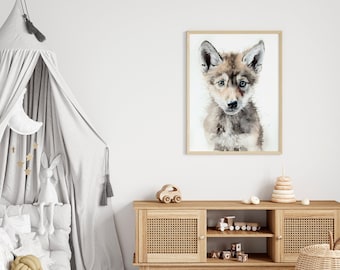 Watercolor Wolf Cub Print, Wildlife Nursery Art (Digital Download)