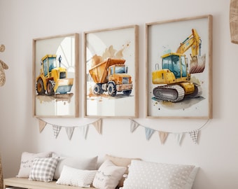 Kids Construction Truck Prints Set 3, Construction Print, Truck Playroom Theme, Dump Truck Prints, Kids Art, Boys Room Decor, Playroom Decor