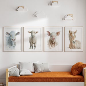Farm Animals Set of 4, Cow, Horse, Pig, Lamb, Farmyard Animal Prints, Nursery Prints, Playroom Decor, Digital Download**