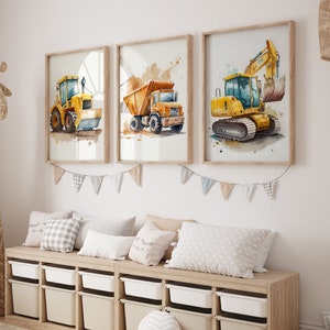 Kids Construction Truck Prints Set 3, Construction Print, Truck Playroom Theme, Dump Truck Prints, Kids Art, Boys Room Decor, Playroom Decor