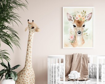 Floral Deer Watercolor Print, Nursery Art (Digital Download)