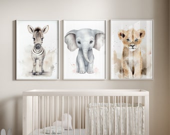 Safari Animals Watercolor Nursery Print Set, Elephant Zebra Lion (Digital Download)