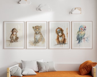 Jungle Animal Watercolor Prints, Nursery Decor (Digital Download)