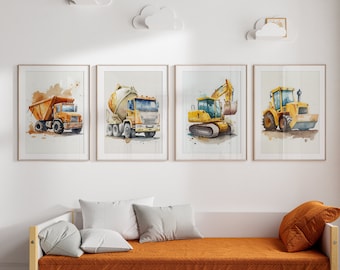 Watercolor Construction Trucks Print Set, Boys Nursery Decor
