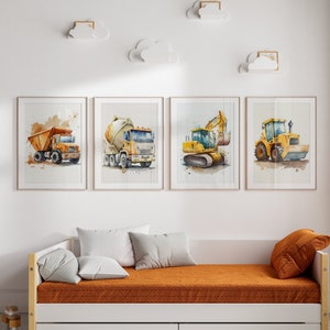 Kids Construction Trucks Print Set 4, Truck Art, Truck Theme Prints, Nursery Wall Art, Boys Room Decor, Playroom Decor, Bulldozer, Digger