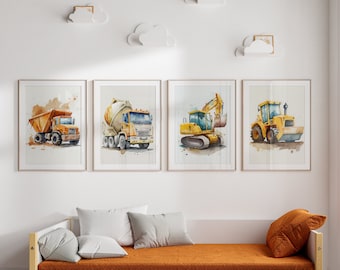 Construction Trucks Watercolor Prints, Boys Nursery Decor (Digital Download)