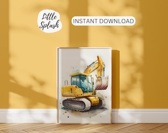 Excavator Watercolor Print, Kids Construction Art (Digital Download)