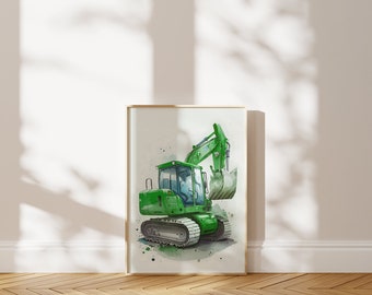Green Excavator Print, Kids Construction Truck, Boy Room Decor (Digital Print)
