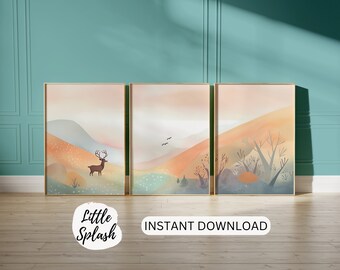 Watercolor Deer Prints, Gentle Hills Nursery Decor (Digital Download)