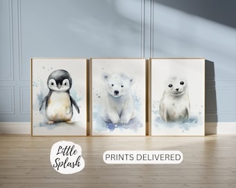 Juego de láminas infantiles de animales árticos, animales bebés en acuarela