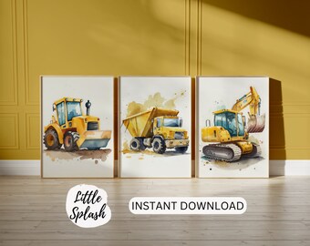 Construction Truck Watercolor Prints Set, Kids Room Decor (Digital Download)