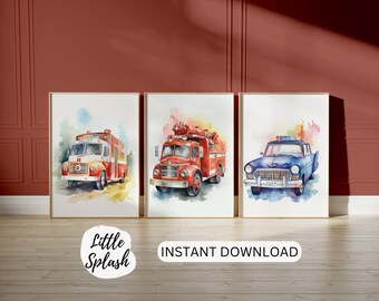 Emergency Vehicle Watercolor Prints, Kids Room Art (Digital Download)