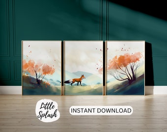 Fox Adventure Watercolor Prints, Landscape Nursery Decor (Digital Download)