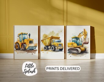 Construction Truck Watercolor Prints, Boys Room Decor Set