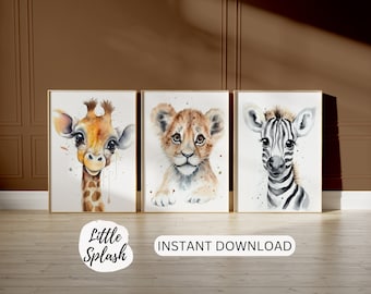 Safari Nursery Prints, Giraffe, Lion, Zebra Watercolor Art (Digital Download)