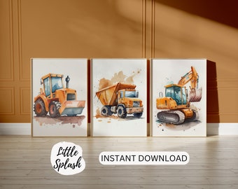 Construction Trucks Watercolor Print Set, Kids Room Decor (Digital Download)