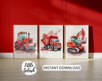 Construction Trucks Watercolor Prints Set, Boys Room Decor (Digital Download)