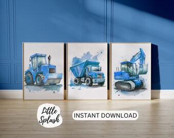 Blue Construction Truck Watercolor Prints, Boys Room Art (Digital Download)