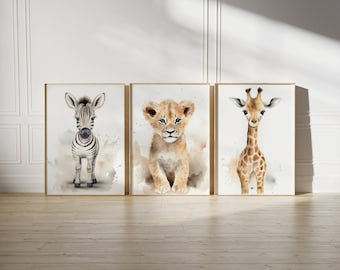Safari Animals Watercolor Nursery Print Set, Lion, Zebra, Giraffe (Digital Download)