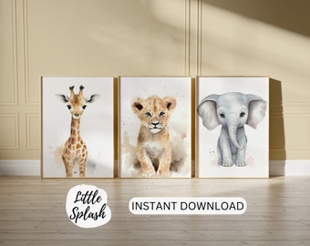 Safari Animals Watercolor Print Set, Nursery Art (Digital Download)