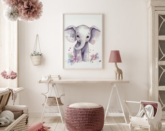 Baby Elephant Watercolor Print, Nursery Art, Pink Floral Decor