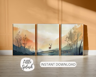 Enchanted Forest Deer Watercolor Prints, Nursery Wall Art (Digital Download)