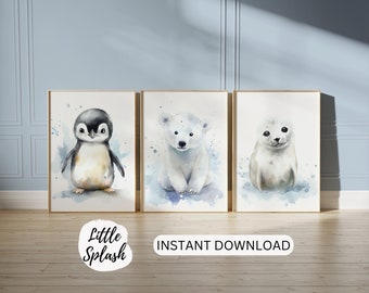 Arctic Animal Nursery Print Set, Watercolor Baby Animals (Digital Download)