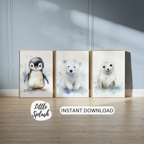 Arctic Nursery Print Set 3, Nursery Gift, Arctic Nursery Art, Arctic Baby Animal Prints, Nursery Wall Art, Cute Art, Digital Download**