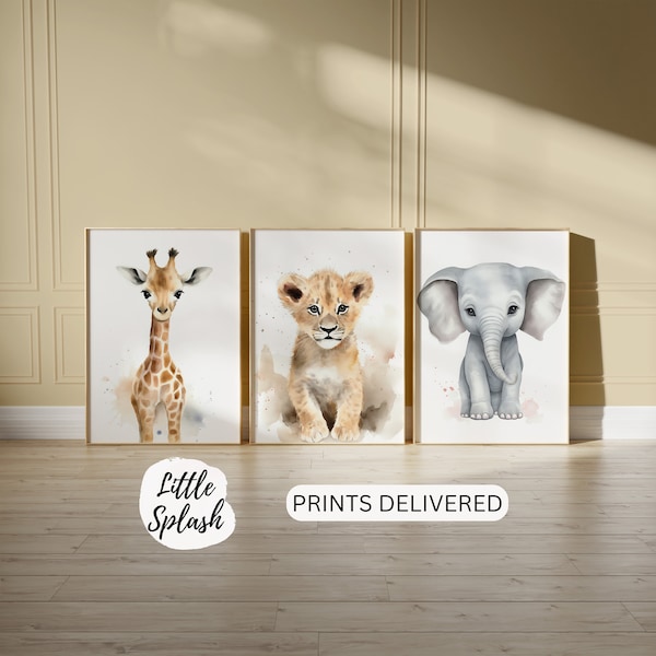 Safari Animals Nursery Watercolour Print Set 3, Safari Nursery Gift, Native African Nursery Art, Baby Elephant, Lion Cub, Baby Giraffe