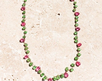 Handmade Tsavorite and Pink Sapphire triple wrap necklace or bracelet in pink sapphire and tsavorite drops