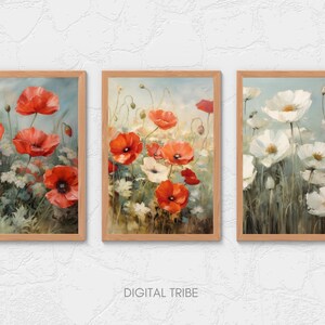 Poppy printable wall art poppy downloadable wall art vintage wall art print vintage flower prints art print decor farmhouse decor set of 3