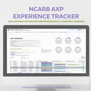 May include: A computer monitor displays a spreadsheet titled "NCARB AXP EXPERIENCE TRACKER" designed for architecture professionals. The screen shows an "AXP TIMESHEET" with various data fields and circular charts. Text at the top reads "2026 | DESIGNED FOR ARCHITECTURE PROFESSIONALS & LICENSURE CANDIDATES."