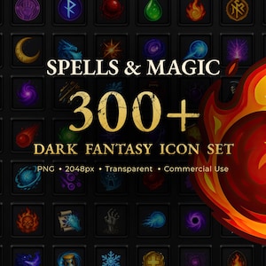Puede incluir: Un conjunto de iconos de fantasía oscura con más de 300 iconos. La imagen incluye iconos de hechizos, magia y otros elementos de fantasía. El texto dice "Spells & Magic" y "Dark Fantasy Icon Set". Un gráfico de fuego está a la derecha.