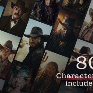 Collage mit Western-Charakteren. Cowboys, Sheriffs, Banditen und weitere Figuren, die die raue Welt des Wilden Westens verkörpern. Jedes Porträt zeigt detailreiche Outfits und authentische Western-Stimmung.