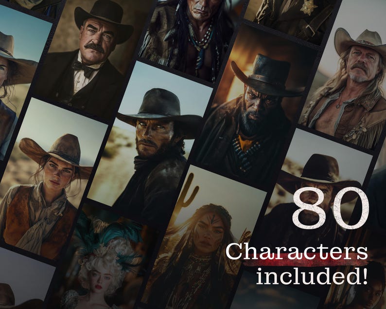 Collage mit Western-Charakteren. Cowboys, Sheriffs, Banditen und weitere Figuren, die die raue Welt des Wilden Westens verkörpern. Jedes Porträt zeigt detailreiche Outfits und authentische Western-Stimmung.