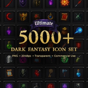 Könnte beinhalten: Ein Raster von Dark-Fantasy-Symbolen, jeweils in einem schwarzen Quadrat. Die Symbole umfassen Waffen, Tränke und Symbole, mit dem Text "Ultimate 5000+ Dark Fantasy Icon Set" in Gold und Lila.