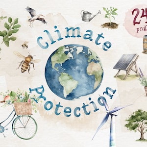 Illustrations aquarelles sur la protection du climat | Ensemble de 24 graphiques png transparents | Clipart de recyclage