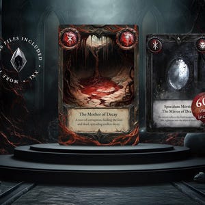 Dark Fantasy-Spielkarten mit detaillierten Illustrationen, darunter. The Mother of Decay und Speculum Mortis sowie ein Hinweis auf über 900 enthaltene Dateien.