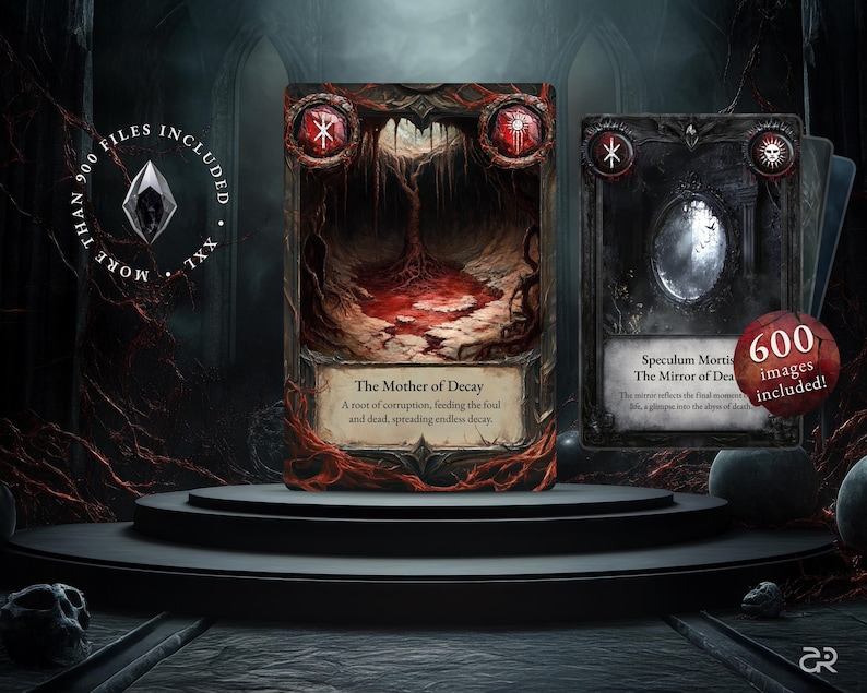 Dark Fantasy-Spielkarten mit detaillierten Illustrationen, darunter. The Mother of Decay und Speculum Mortis sowie ein Hinweis auf über 900 enthaltene Dateien.