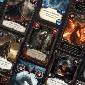 Verschiedene Fantasy-Spielkarten mit düsteren Designs, darunter Charaktere wie Drachen, dunkle Krieger und magische Kreaturen.