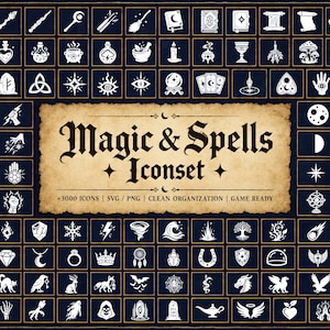 Może przedstawiać: Kolekcja białych ikon o tematyce magii i zaklęć ułożonych w siatkę na ciemnym tle. Centralna etykieta w stylu pergaminu zawiera tekst Magic & Spells Iconset, +3000 ICONS | SVG / PNG | CLEAN ORGANIZATION | GAME READY.