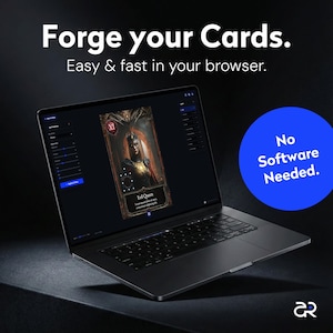Könnte beinhalten: Ein schwarzer Laptop zeigt eine Kartendesign-Oberfläche mit dem Text "Forge your Cards. Easy & fast in your browser." Ein blauer Kreis mit dem Text "No Software Needed." befindet sich im Hintergrund. Das Kartendesign zeigt eine "Evil Queen"-Illustration.