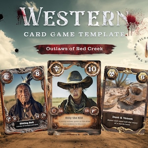 Western TCG-sjablonenset: 3 kaartframes, 80 karakterafbeeldingen, 65 scèneafbeeldingen, 50+ ontwerpelementen. DIY-kaarten – ontwerp, print en speel!