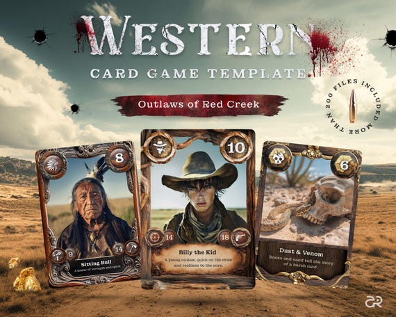 Western TCG Vorlagen-Set: 3 Kartenrahmen, 80 Charakterbilder, 65 Szenenbilder, 50+ Designelemente. DIY-Karten – gestalte, drucke & spiele!