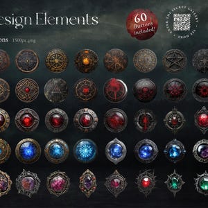 Buttons und Symbole für Dark Fantasy TCG: 60 detailreiche, runde Buttons in mystischem Stil, geeignet für Fantasy-Karten-Design.